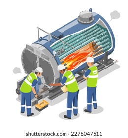 ndustrial Boiler show inside inspection and maintenance concept Engineer and mechanician working Factory How work Machine isometric machinery concept cartoon vector isolated illustration