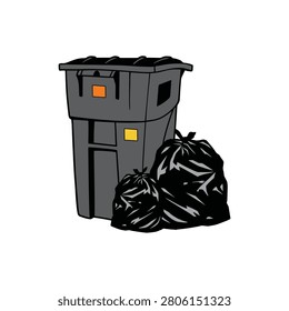 ndustrial gray garbage bin with black plastic refuse bags. Flat municipal waste management illustration bundle