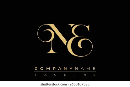 Logotipo creativo Abstractas de la joyería del NE. Logotipo elegante con iniciales de monograma doradas en una tipografía elegante y moderna, perfecta para la marca