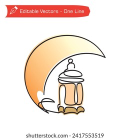 ne continuous line drawing of ramadan lantern and crescent moon. Vector illustration of Ramadan lantern image, hanging lamp-sitting lamp, indoor outdoor lighting, ancient middle eastern style, linear 
