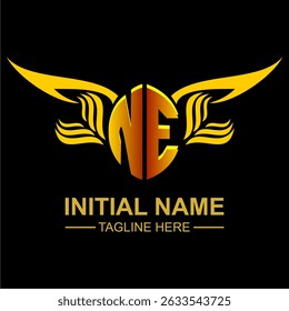NE Golden Wing Emblem Logo with elegant gold wings, sleek and modern design. Ideal for branding, creative projects, luxury businesses, or artistic ventures.