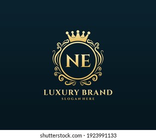 NE Letra Inicial Oro caligrafía femenina floral mano traza monograma heráldico estilo vintage antiguo diseño logotipo de lujo.