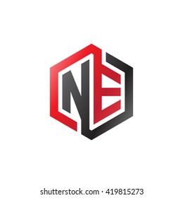 NE initial letters looping linked hexagon logo black red