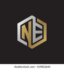 NE initial letters looping linked hexagon elegant logo golden silver black background