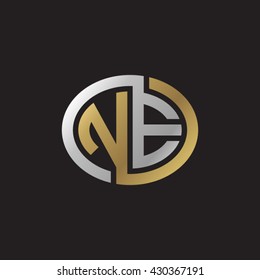 NE initial letters looping linked ellipse elegant logo golden silver black background