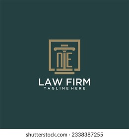 Logotipo de monograma inicial NE para la firma de abogados con diseño de hitos en cuadrado creativo