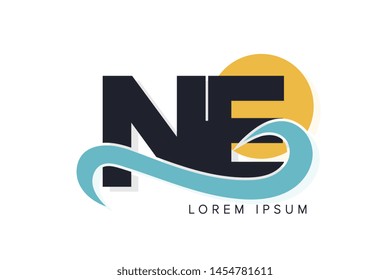 NE letter logo with ocean waves and sunset. Beach concept design