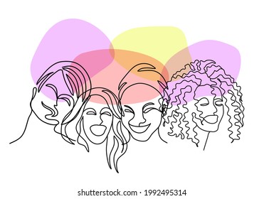 ne line art surreal abstract human face of women with thought bubble. Conceptual of  diverse people are sharing their ideas and thoughts.
