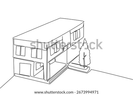 )ne line drawing of a two story modern flat house with a nearby tree captures urban living and rooftop ideas for eco-friendly design, celebrating World Green Roof Day in architecture concept.