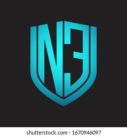 NE Logo monogram with emblem shield design isolated with blue colors on black background