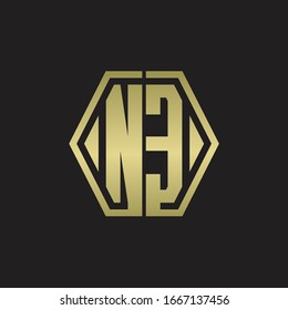 Monograma de logotipo NE con plantilla de diseño redondeado de línea hexagonal con colores dorados
