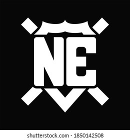 NE Logo monogram isolated on shield shape with rounded line on black background