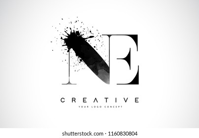 NE N E Letter Logo Design with Black Ink Watercolor Splash Spill Vector Illustration.