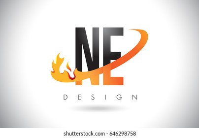 NE N E Letter Logo Design with Fire Flames and Orange Swoosh Vector Illustration.