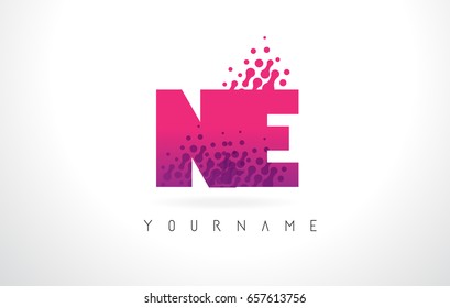 NE N E Letter Logo with Pink Letters and Purple Color Particles Dots Design.