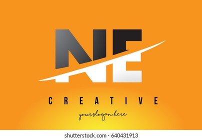 NE N E Letter Modern Logo Design with Swoosh Cutting the Middle Letters and Yellow Background.
