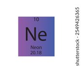 Ne Neon Noble gas Chemical Element Periodic Table. Simple flat square vector illustration, simple clean style Icon with molar mass and atomic number for Lab, science or chemistry class.