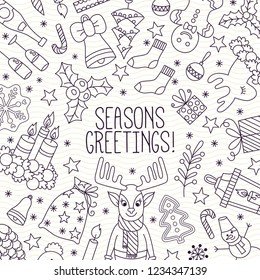 Nea year Christmas greeting card line doodle vector icons set