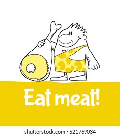 neanderthal cartoon man with pork ham. concept vector illustration of wild human