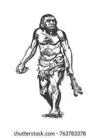 Neanderthal with a cudgel. Graphic sketch. Vector