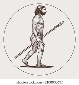 Neanderthal Holding Spear Illustration in Vintage Engraving Style 