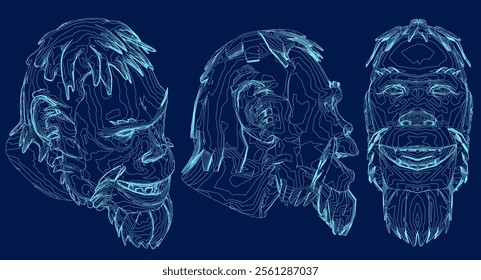 Neanderthal Man contour set, Front, side, isometric view. Vector illustration