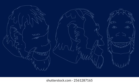 Neanderthal Man contour set, Front, side, isometric view. Vector illustration