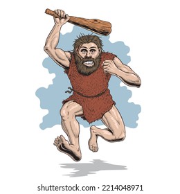 Neanderthal man, or cro-magnon running with cudgel. Bearded prehistoric savage in animal skin comic style vector illustration. svg