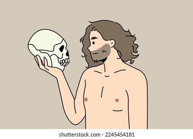 Neanderthal man holding in arms talking to ancestor skull. Prehistoric male with ancient human head braincase in hands. Vector illustration. 