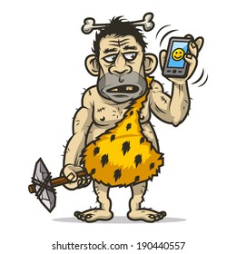 Neanderthal man holds mobile phone