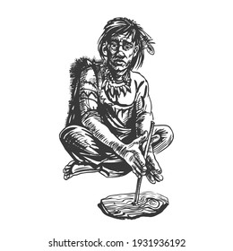 El hombre neandertal hace un incendio. Esbozo gráfico dibujado a mano.