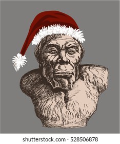 Neanderthal man in a Santa Claus hat(Homo sapiens neanderthalensis). Bigfoot, Yeti.