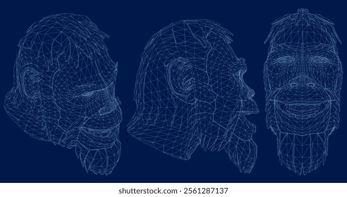 Neanderthal Man wireframe set, Front, side, isometric view. Vector illustration