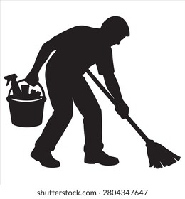Neanderthal using broom and bucket for cleaning