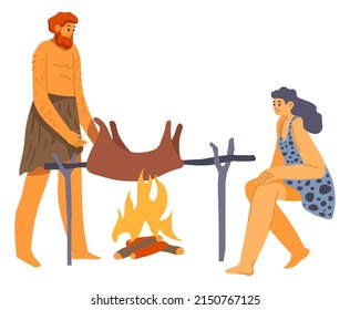 Neanderthals cooking animal on fire, man and woman primitive culture of hunters surviving in wilderness. Male and female characters, cavemen or barbarians making dinner. Vector in flat style