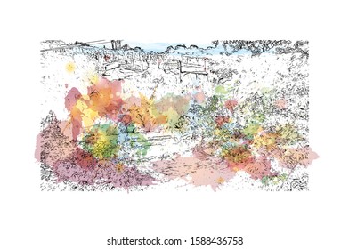 Neapolis was an ancient Greek city located in Edonis, Archaeological site in Syracuse, Italy. Watercolor splash with  Hand drawn sketch illustration in vector.