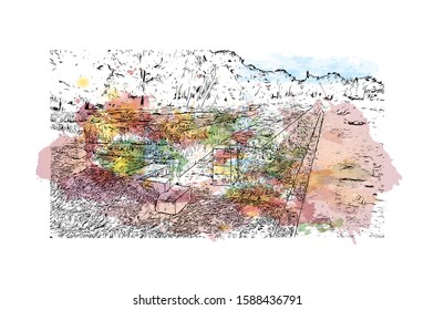 Neapolis was an ancient Greek city located in Edonis, Archaeological site in Syracuse, Italy. Watercolor splash with  Hand drawn sketch illustration in vector.