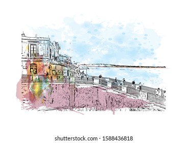 Neapolis was an ancient Greek city located in Edonis, Archaeological site in Syracuse, Italy. Watercolor splash with  Hand drawn sketch illustration in vector.