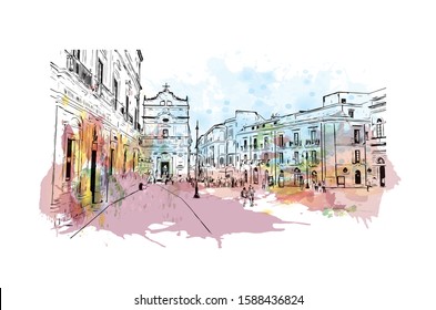 Neapolis was an ancient Greek city located in Edonis, Archaeological site in Syracuse, Italy. Watercolor splash with  Hand drawn sketch illustration in vector.