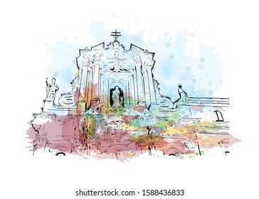 Neapolis was an ancient Greek city located in Edonis, Archaeological site in Syracuse, Italy. Watercolor splash with  Hand drawn sketch illustration in vector.