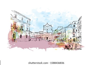 Neapolis was an ancient Greek city located in Edonis, Archaeological site in Syracuse, Italy. Watercolor splash with  Hand drawn sketch illustration in vector.