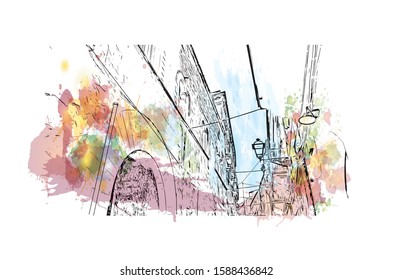 Neapolis was an ancient Greek city located in Edonis, Archaeological site in Syracuse, Italy. Watercolor splash with  Hand drawn sketch illustration in vector.