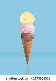 Neapolitan ice cream scoop stack in waffle cone – vector illustration - Shutterstock ID 2175888033
