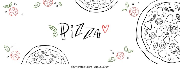 Neapolitan, Margherita pizza, top view. Hand-drawn vector banner for website, advert, social media or menu. Sketch illustration of traditional Italian dish made with tomatoes and mozzarella cheese.