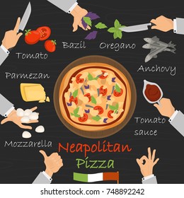 Neapolitan recipe pizza constructor on black wood background