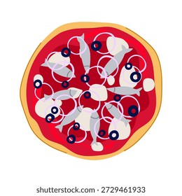 Pizza estilo napolitano apresentando coberturas clássicas de anchovas, azeitonas pretas, cebola fatiada e mussarela em uma base de molho de tomate vermelho vibrante, perfeito para conceitos de comida mediterrânea
