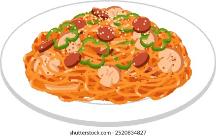 Neapolitan is a type of pasta dish that is made of boiled spaghetti stir-fried with toppings such as onions, green peppers, and bacon, seasoned with tomato ketchup.