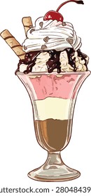 Neapolitan-style sundae combines vanilla, strawberry, and chocolate ice cream in a tall glass, topped with a swirl of whipped cream, hot fudge, and crowned with a bright maraschino cherry.