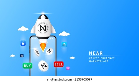 Near coin with spaceship flying leave smartphone to the sky. App for trading crypto currency in stock market. Mobile banking cryptocurrency wallet. 3d Vector illustration.