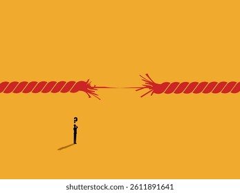 Near Crisis, Life on the Line, Businessman Stands and Watches Rope Breaking
